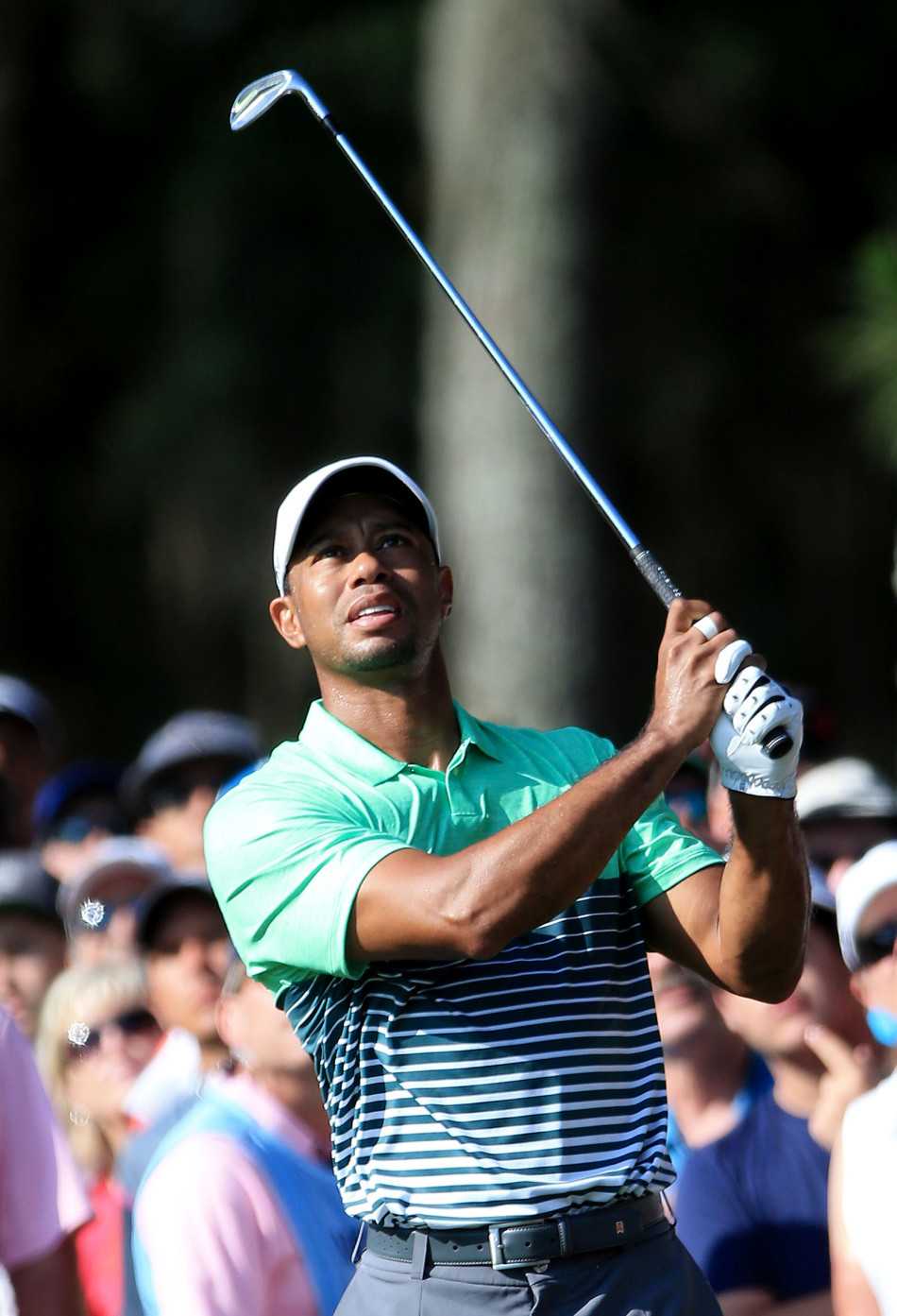 伍兹在观众的簇拥下走向下一个球洞，气场强大宛如王者巡场