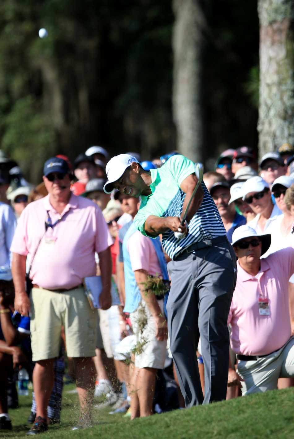 比赛间隙伍兹擦拭杆头，神情冷静专注于调整装备与状态