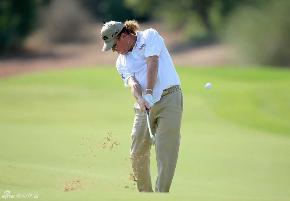 一位球员在茂密的大树下俯身寻找击球路线，斑驳的阳光透过树叶洒在草地上，充满了挑战与探索的趣味。